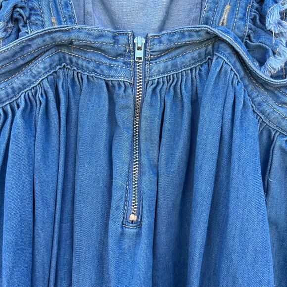 Silence + Noise Denim Jean Apron Midi Dress Fringe Boho Cottagecore XS Cotton - Picture 8 of 10